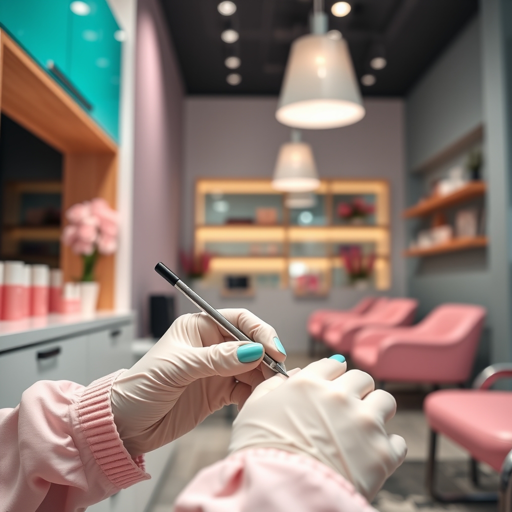 Bright teal and pink nail studio interior