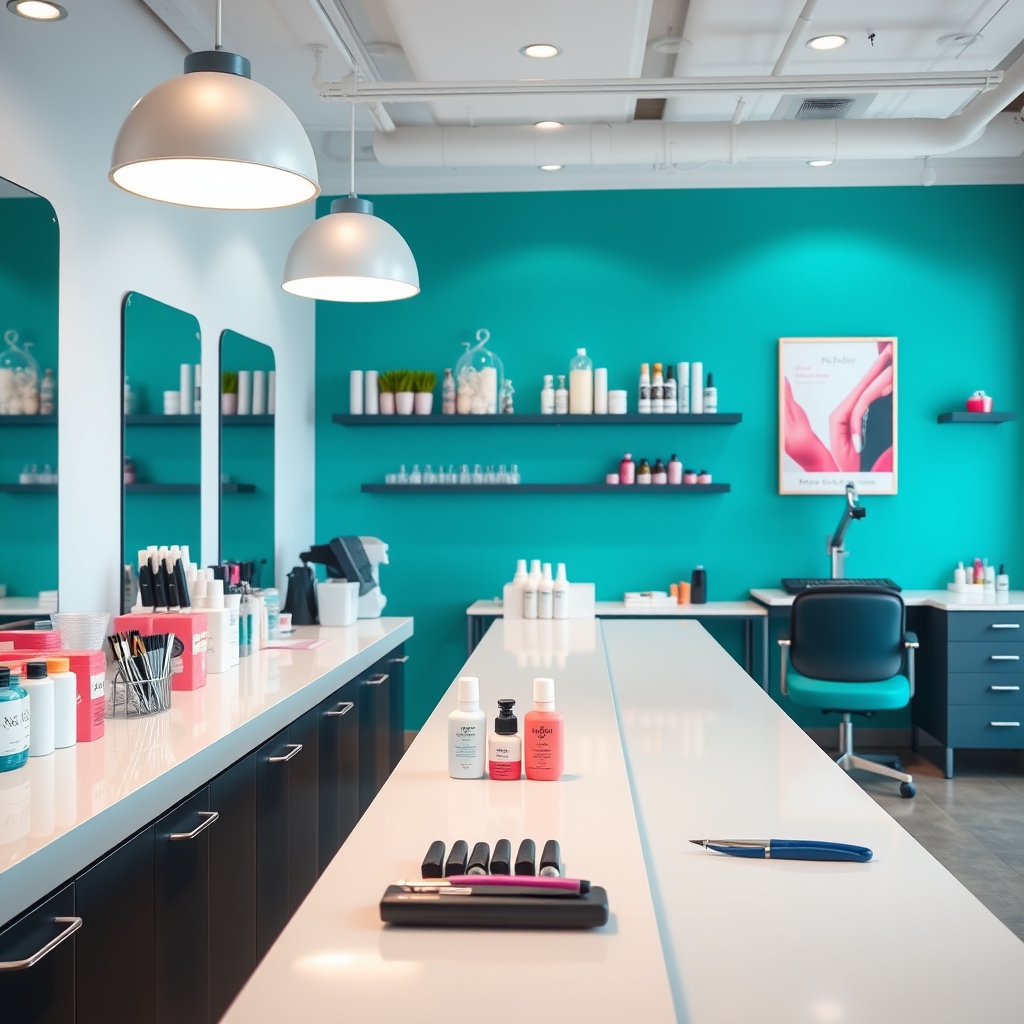 Glossy nail finish with teal salon backdrop