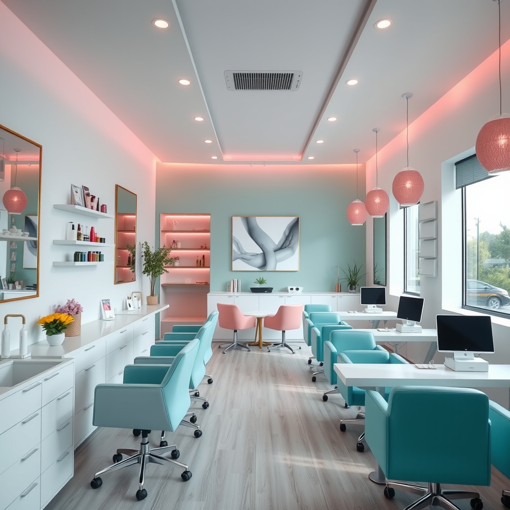Bright modern nail salon interior with teal and pink seating